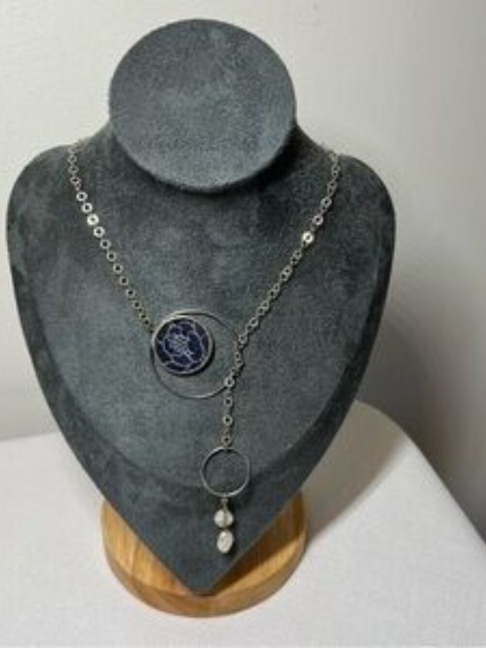 Sterling Silver necklace w Blue silk fabric Pendant  white pearlsHandmade - Picture 3 of 4